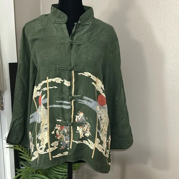 Citron Santa Monica Top Army Green Silk Asian Print Mandarin Collar Women’s M - Picture 1 of 15